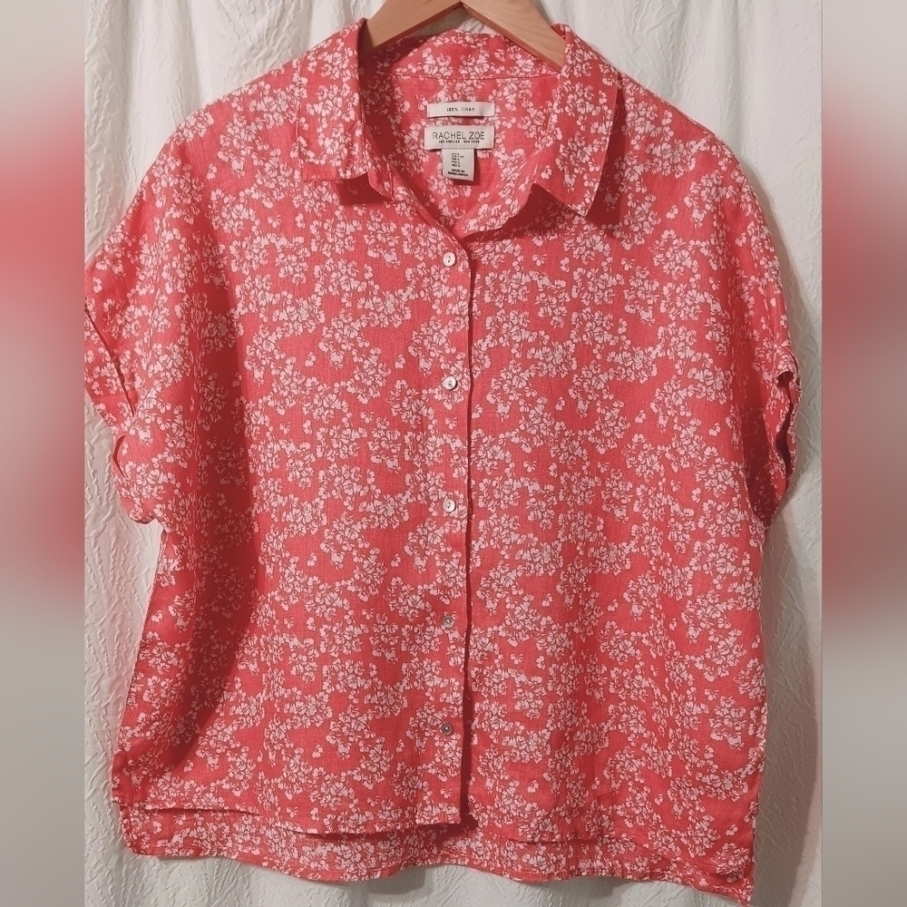 100% Linen Rachel Zoe oversized floral button down blause L